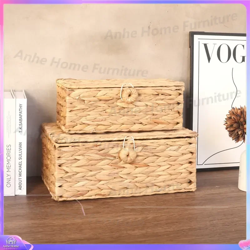 Natural Water Hyacinth Woven Storage Basket with Lid 2 Piece Set Round Pet Bed Cat Dog House Handmade Wicker Organizer Box