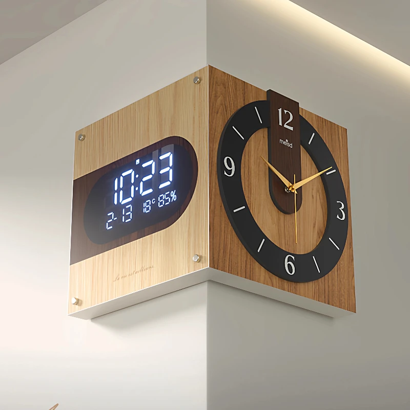 Mid-Century Modern Corner Clock with Perpetual Calendar Dual Display Digital Wall Clock Vintage Angle Timepiece for Living Room view 4