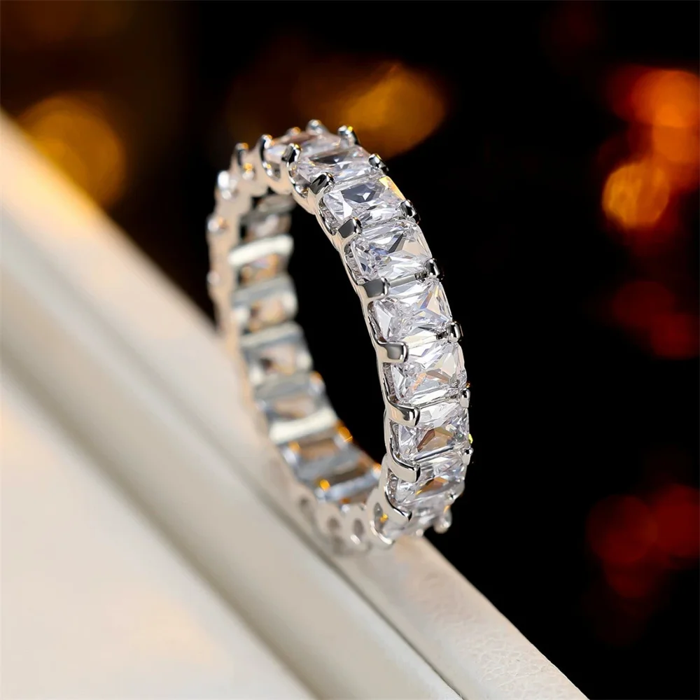 Single Row Small Rectangle Stone White Zircon Rings For Women Vintage Silver Color Wedding Bands Engagement Promise Jewelry Gift
