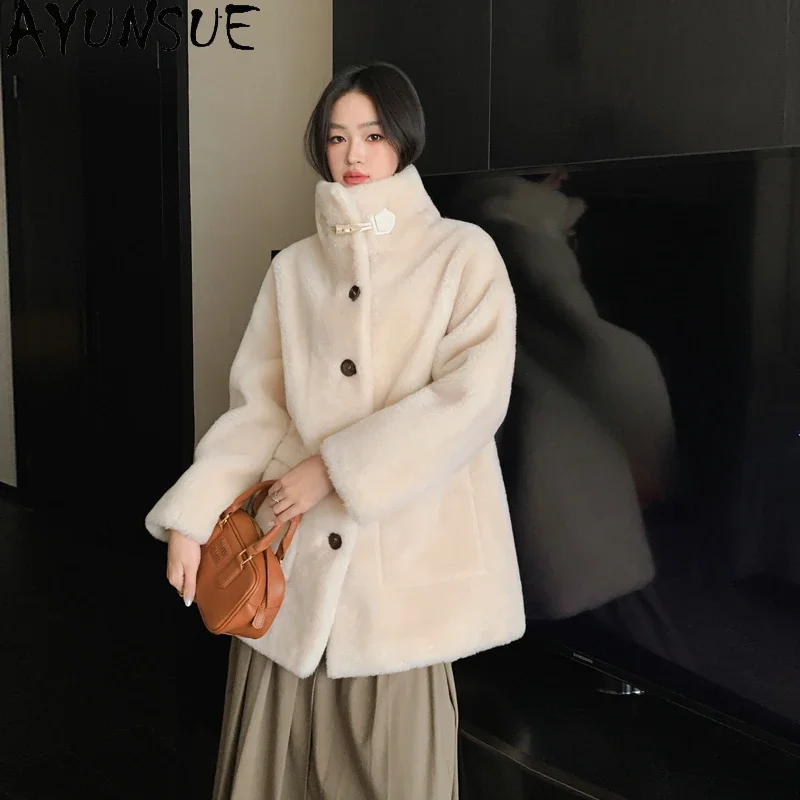 

AYUNSUE Elegant Sheep Shearing Jacket for Women 2023 Winter Mid-length 100% Wool Coat Standing Collar Fashion Fur Coats Casaco