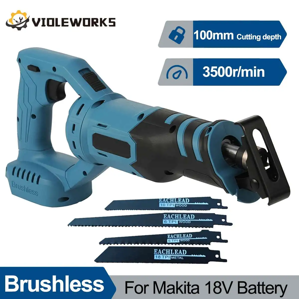 

Brushless Cordless Reciprocating Saw with 4 Blades 100mm Cutting Depth Wood Plastic Metal Cutting Saw for Makita 18V Battery