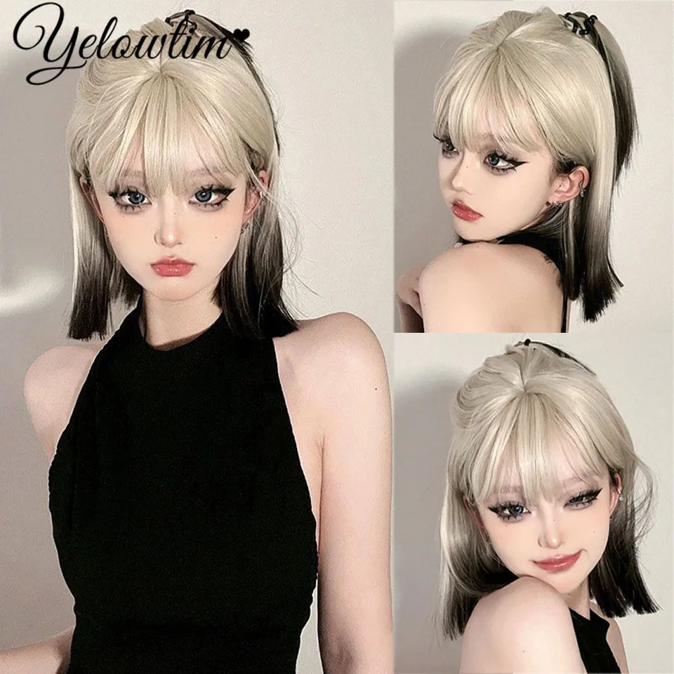 Short Straight Bob Gray Ash Blonde Synthetic Wigs with Bangs Natural Blunt Cut Hair Wig for White Women Daily Heat Resistant