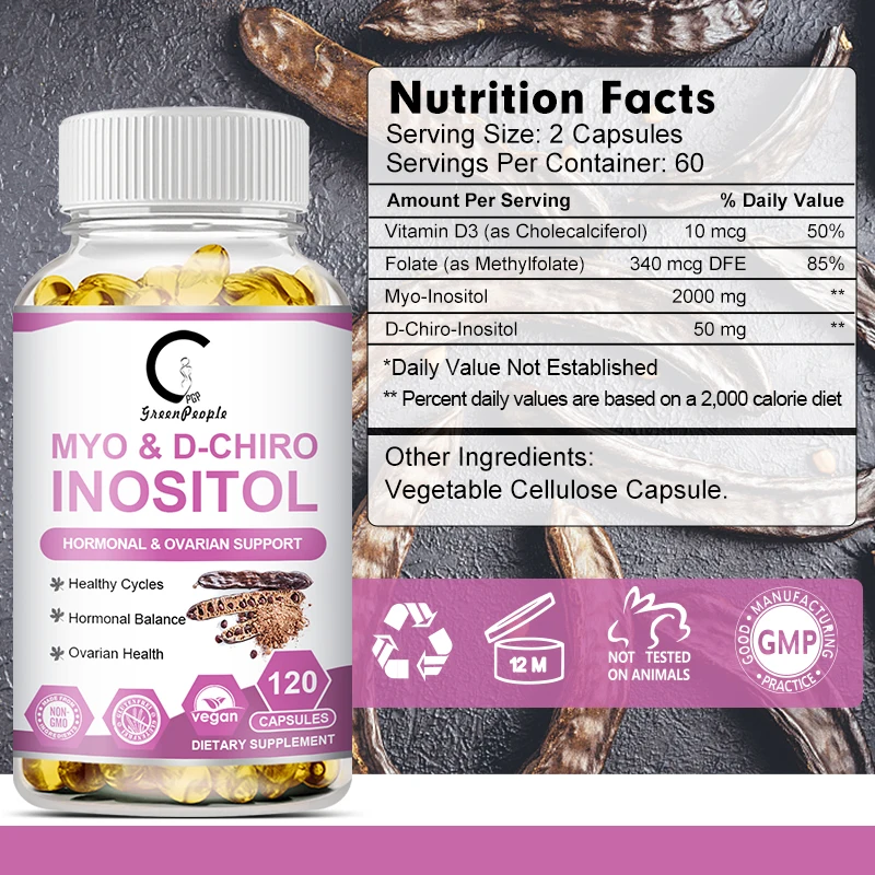 Myo Inositol & D-Chiro Inositol Supplements,Support Fat Metabolism,Healthy Ovarian & Liver Function Support,120 Capsules