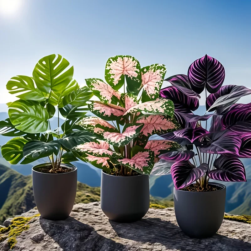 3Pcs Mixed Artificial Plant Set Large Pink Monstera Faux Palm Tree Potted Tropical Plants Plastic Leaves All Season Home Decor