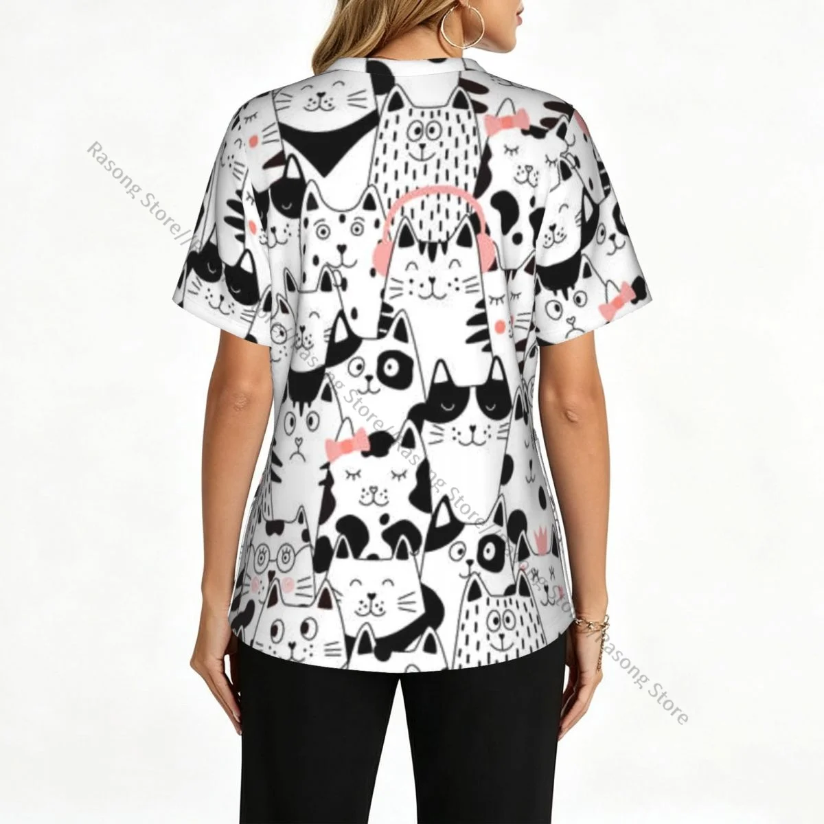 Women's Medical Scrub Top V Neck Short Sleeve Cats Stretch Nursing Uniform for Hospital Clinic