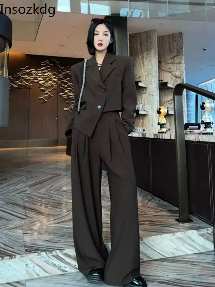 Insozkdg 2022 Autumn New Korean Style Sense of Design Short Western Style Leisure Suit High Waist Slimming Wide Leg Pants Suit