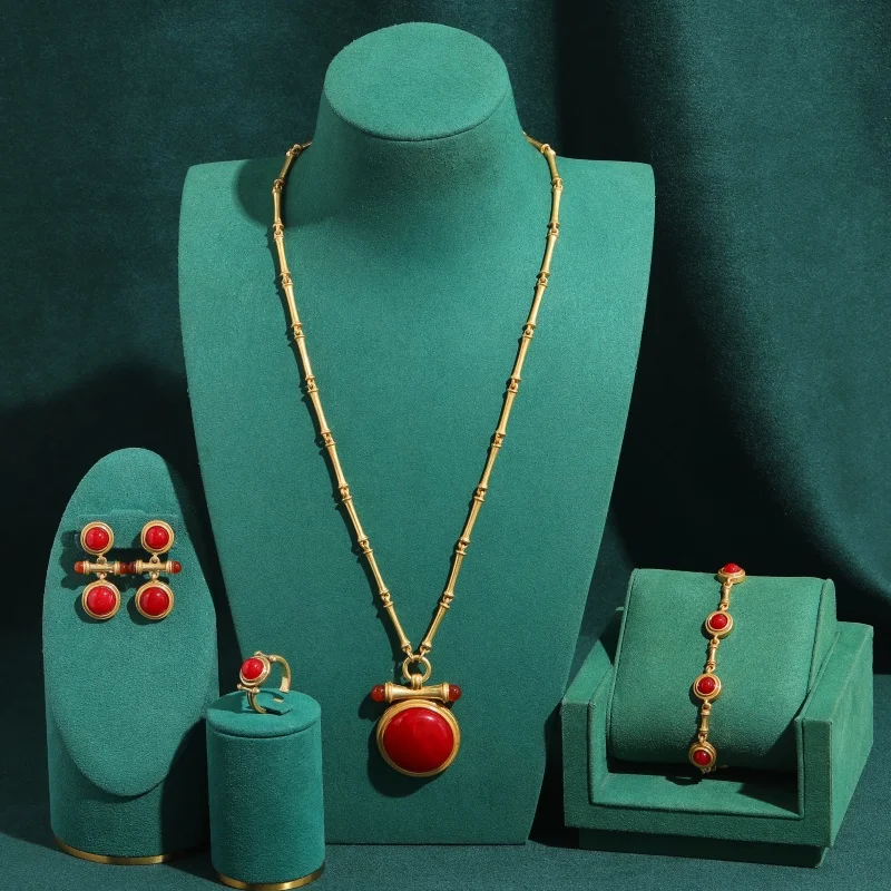 Vintage Red Agate Round Pendant With Bamboo Nodes Jewelry Sets Necklace Earrings Bracelet Ring Trends 2026 For Women Girlfriend