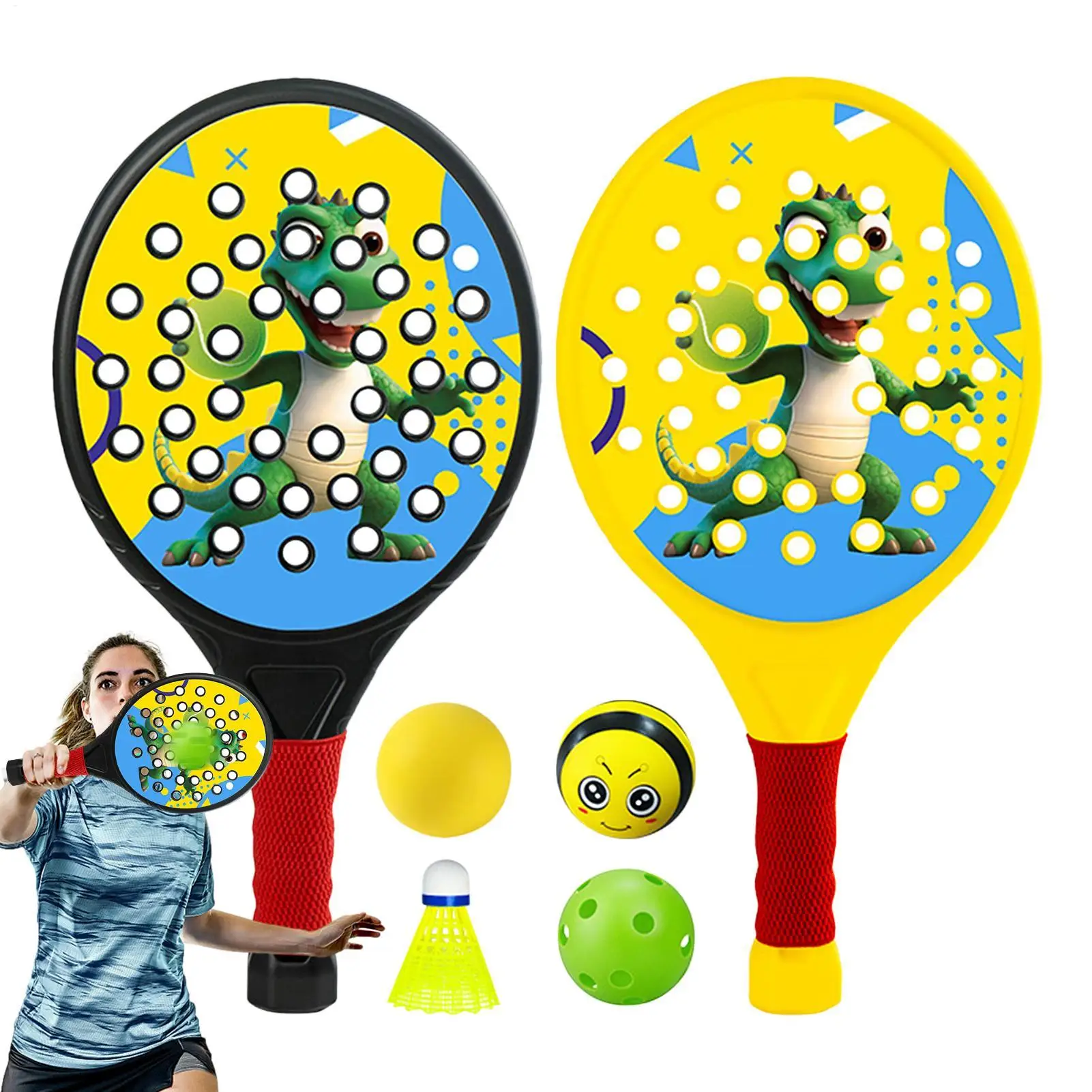 

Kids Tennis Racket Cute Dinosaur Pickle Ball 2 Pieces Paddles Dinosaur Sport Accessories Lightweight Portable Outdoor Activities