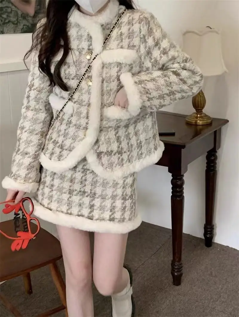 

2023 Autumn-Winter Chic Women’s Set, Elegant Furry Coat with Plaid Skirt, Stylish Houndstooth Two-Piece Set High Quality Fashion