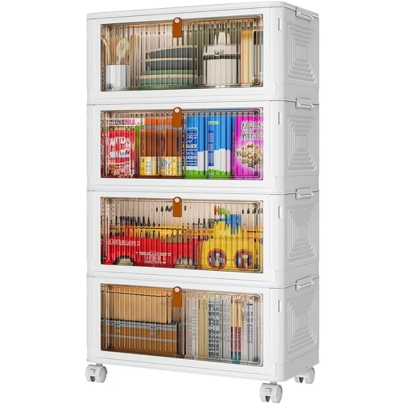 

4 Tier Plastic Storage Bins with Lid 23QT, Stackable Storage Containers with Wheels, Folding Boxes, Collapsible Bins, Closet Org