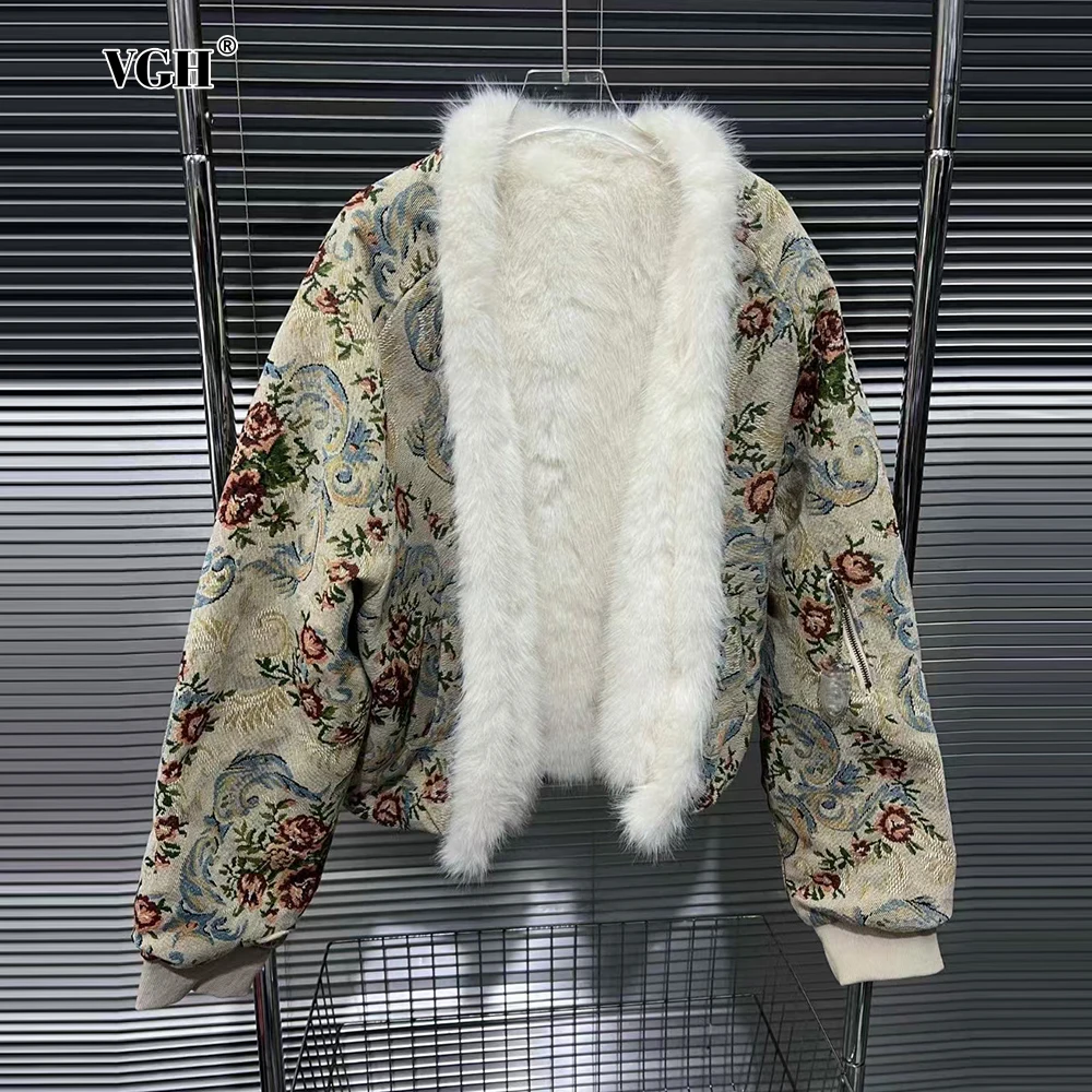 VGH Vintage Embroidery Spliced Fur Coats for Women V Neck Long Sleeve Patchwork Zipper Loose Cardigans Jackets Female Winter New