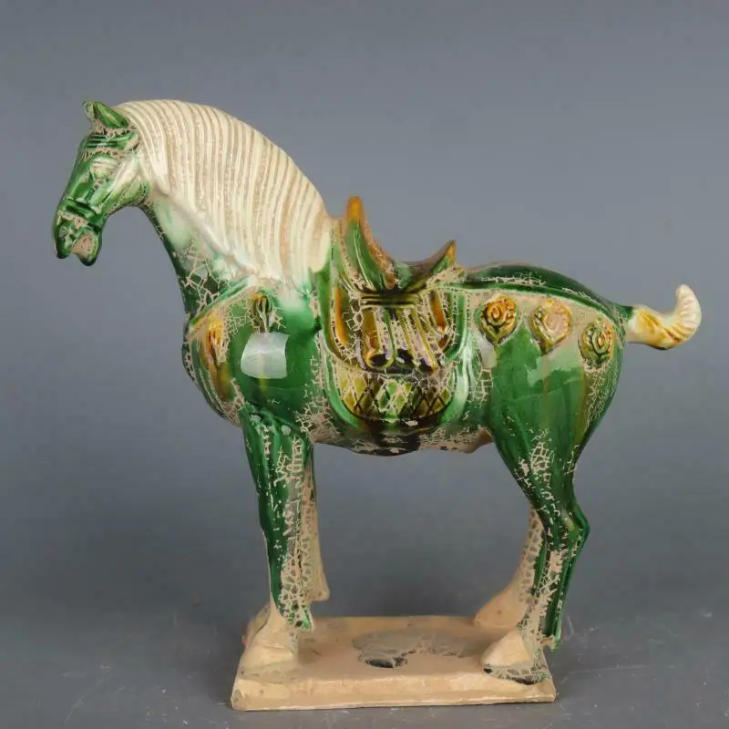 Chinese Antique Imitation Tang Tri-Color Glazed Ceramics Green War Horse Porcelain Statue 8.27 inch