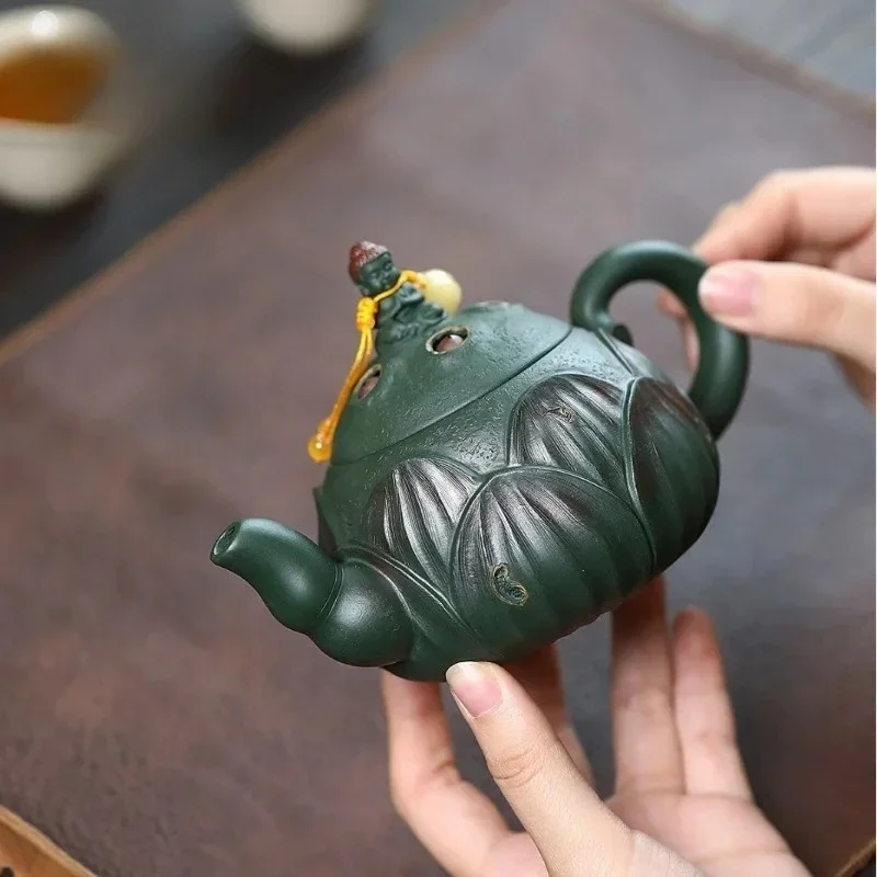 300ml Yixing Zisha Teapot Handcrafted From Raw Mineral Dark Green Clay “Ode To The Lotus” Teapot
