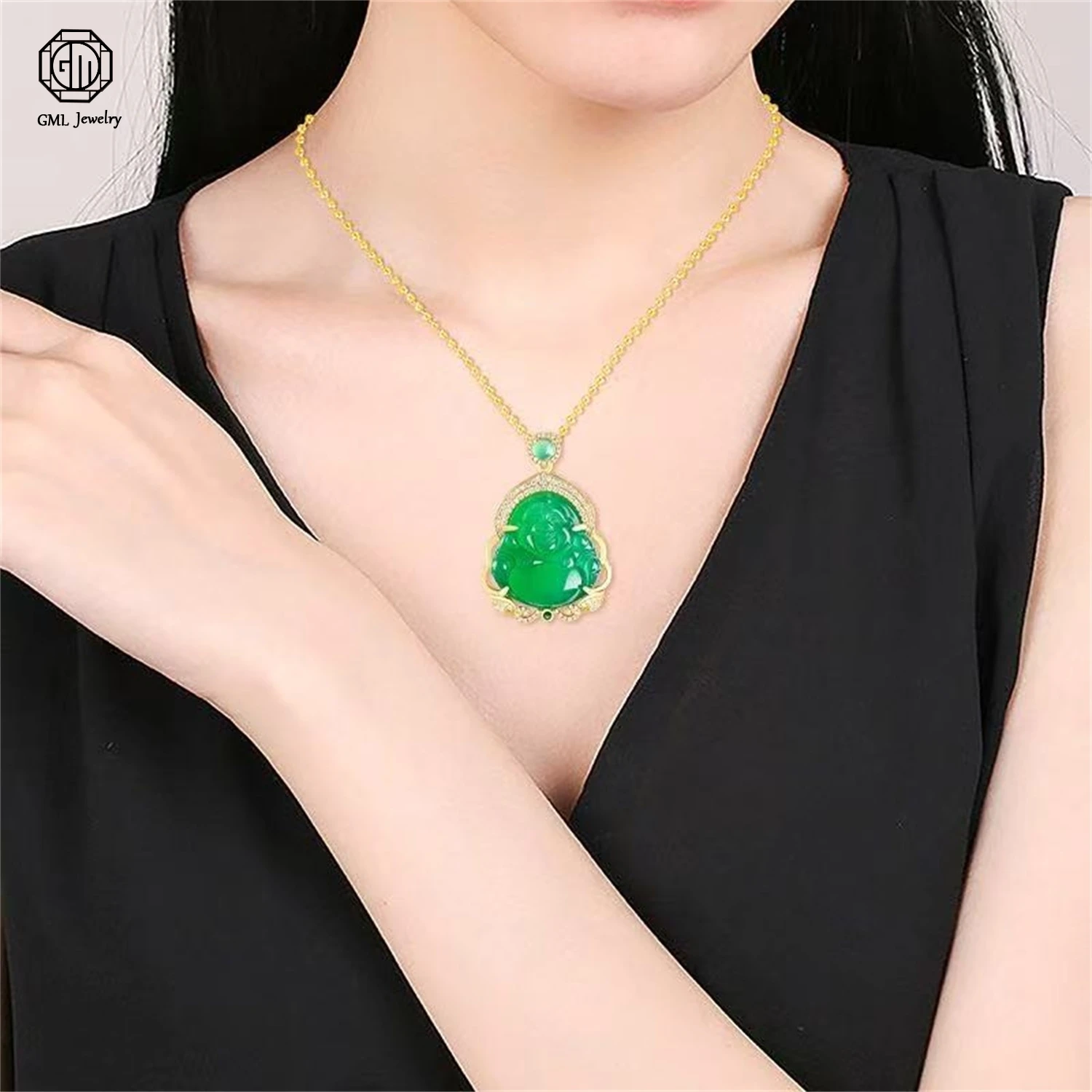 

Natural Green Agate Laughing Buddha Pendant Copper Silver Plated Women Fashion Necklace Premium Pendant Guanyin Jewelry Gift