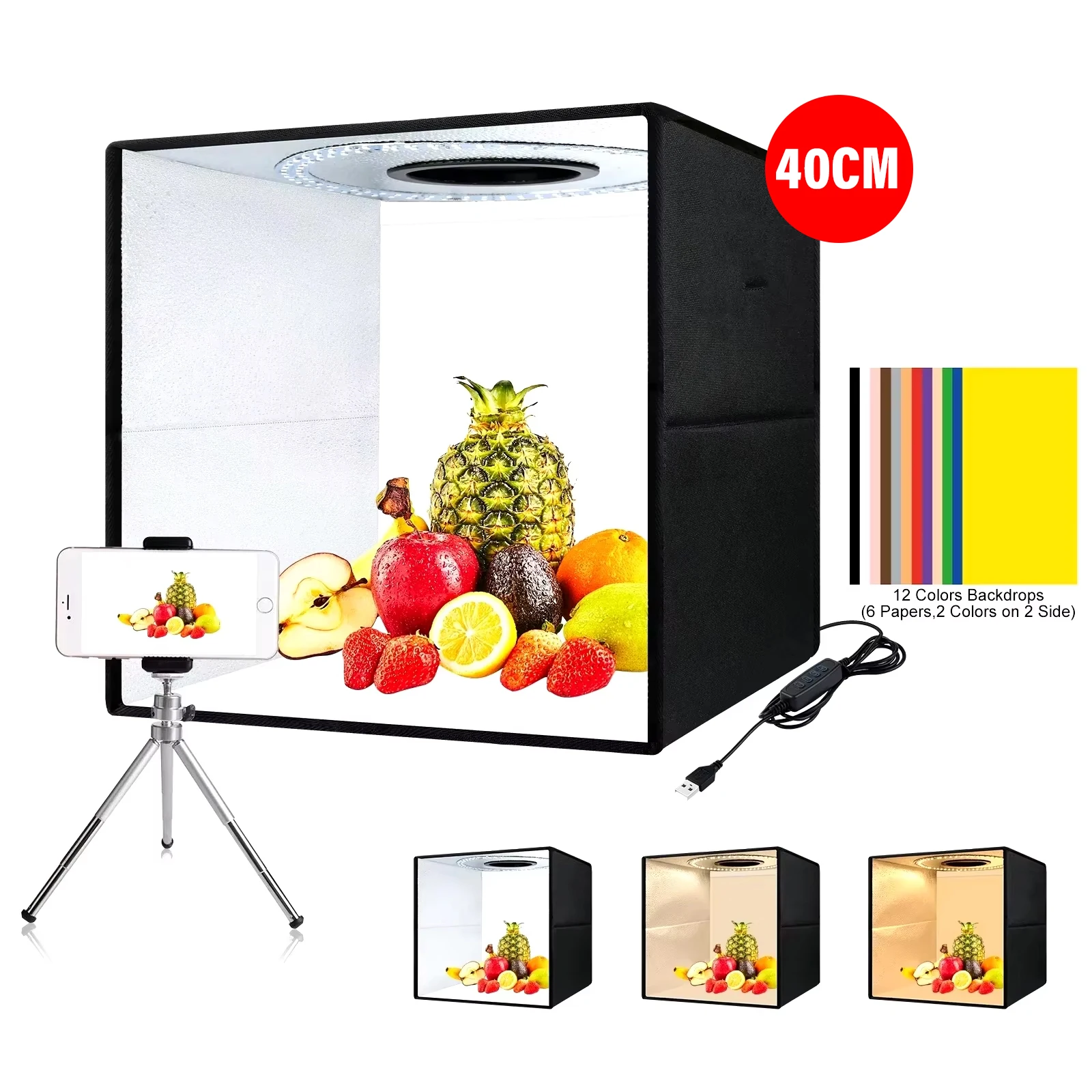 40cm/15.8inch Photo Studio Light Box With 12 Colors Backdrop Portable Photography Lightbox Softbox Tent Kit For Product Shooting