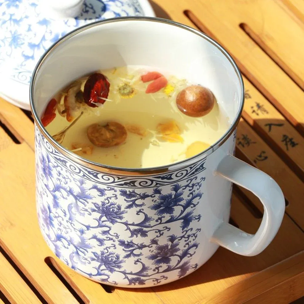 700ML Enamel Cup Chinese Style Blue And White Porcelain Tea Mug With Lid 10CM Caliber Office Teacup Nostalgic Enamel Mug