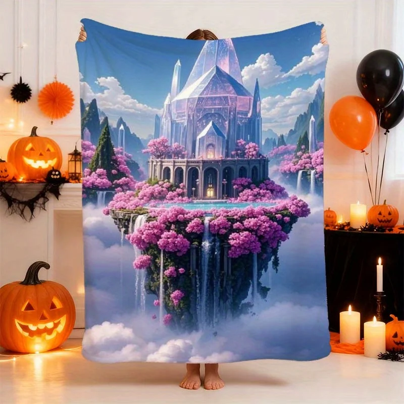 1pc Enchanted Floating Castle & Pink Flower -Tale Blanket - Magical Island with White Castle, Pink Blooming Trees & Purple Flowe