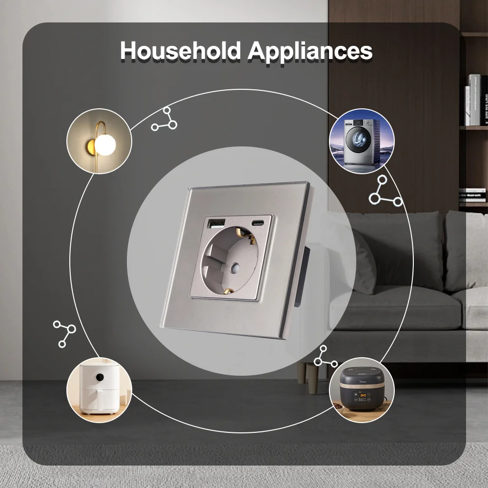 TAWOIA EU Socket presa di corrente Crystal 16A presa USB Type-C Triple Glass Wall Socket EU Glass montaggio a parete con porta di sicurezza