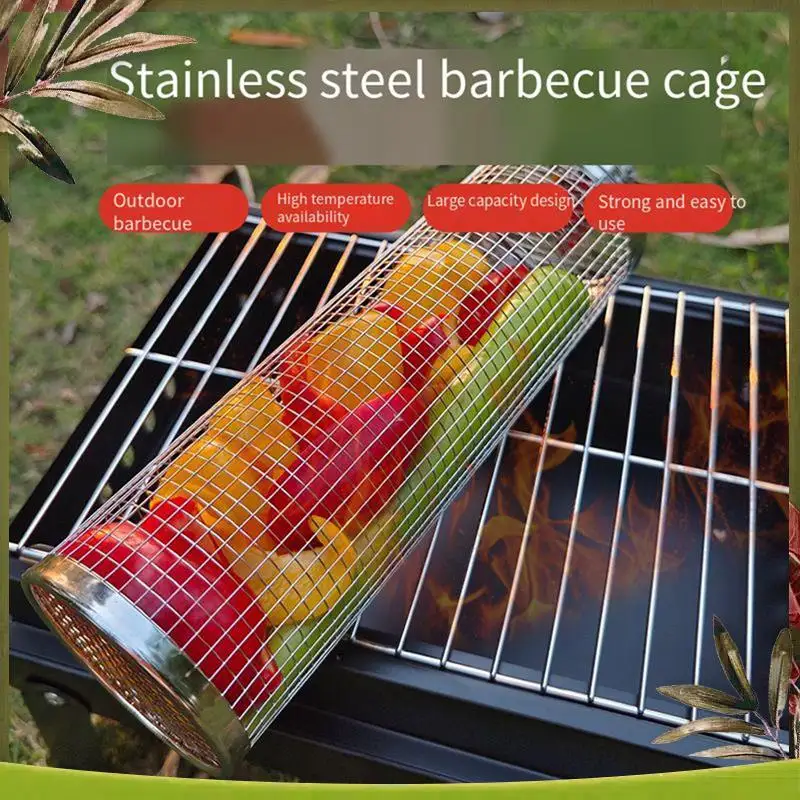 

Reliable-Rolling Grilling Baskets For Outdoor Barbecue Cage With Handle Grill Bbq Net Tube Stainless Steel Large Round Mesh