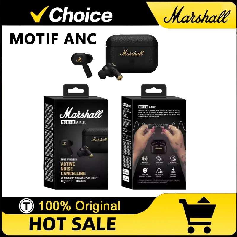 

Беспроводные Bluetooth-наушники Marshall MOTIF ANC с активным шумоподавлением, полностью беспроводные внутриканальные наушники для бега, версия 5.2