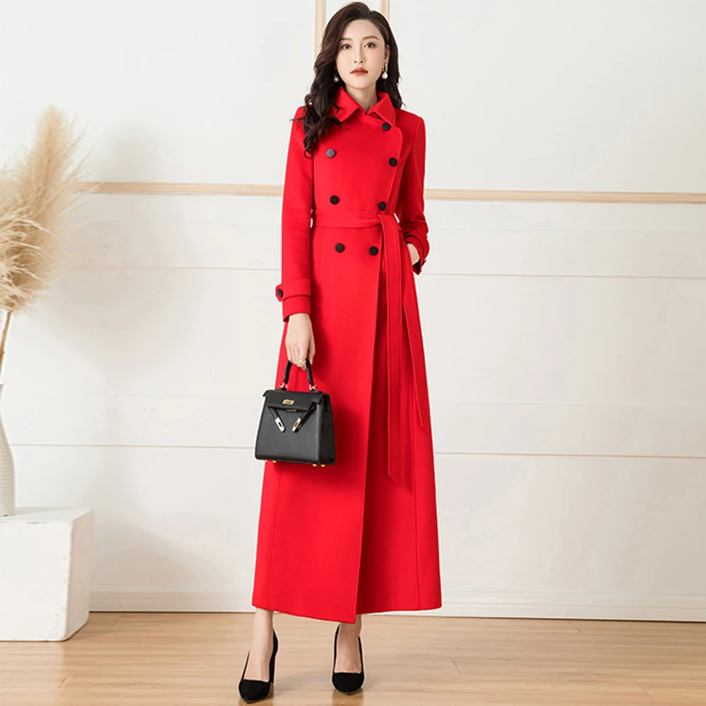 

New Women Red Woolen Coat Autumn Winter Fashion Vintage Hepburn Style Double Breasted Belt Slim Long Wool Blends Tops Coat