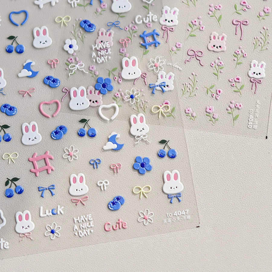 สติกเกอร์ติดเล็บลายกระต่าย 5D น่ารัก สไตล์ญี่ปุ่น การ์ตูนญี่ปุ่น สีชมพู สีฟ้า ลายดอกไม้  ตกแต่งเล็บแบบติดเอง DIY