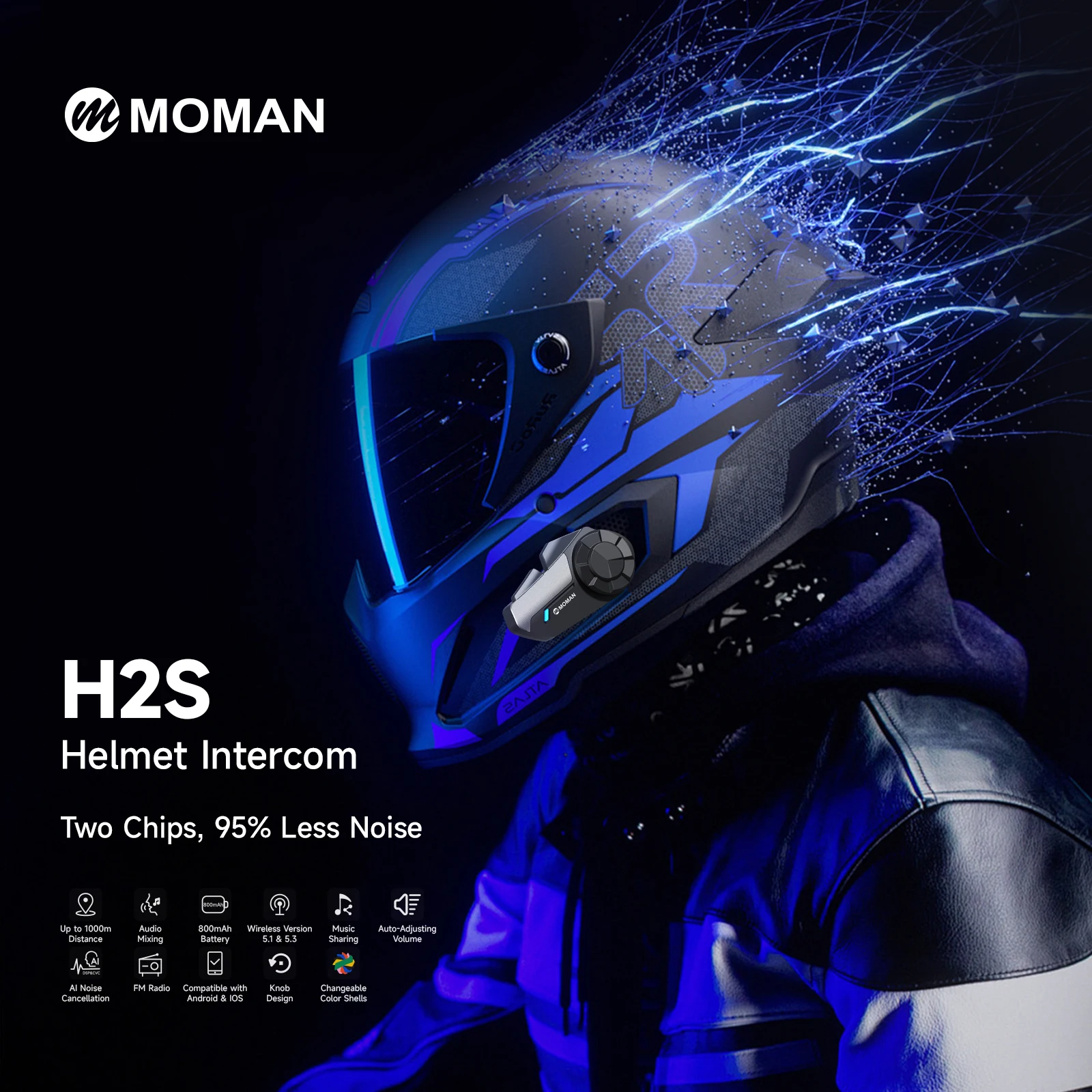 MOMAN H2S H2 S Casco Interfono Bluetooth Casco Moto Auricolare Cuffia Senza Fili Bici Impermeabile WiFi Videoregistratore H2 pro