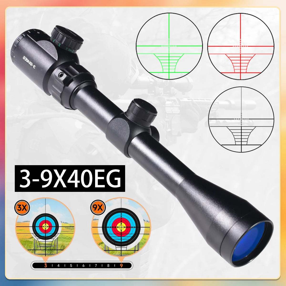 

3-9x40EG Scopes Green Red Adjustable Optical Sight Reflex Tactical Riflescope for Airsoft / Rifle Scope 11mm/20mm Rail Mount