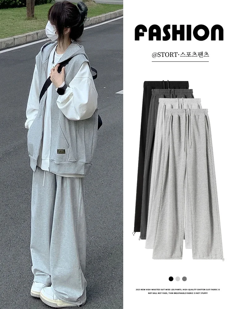 Gray Sports Pants Women's Small Autumn and Winter 2023 New Casual Loose Wide-Leg Pants Fleece-Lined Slimming Ankle-Tied Sweat...