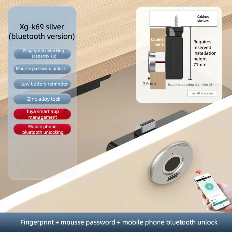 Smart Fingerprint Cabinet Lock - Biometric Bluetooth Electronic Code Lock for Drawer Closet Shoe Wardrobe Office Bedroom Hidden
