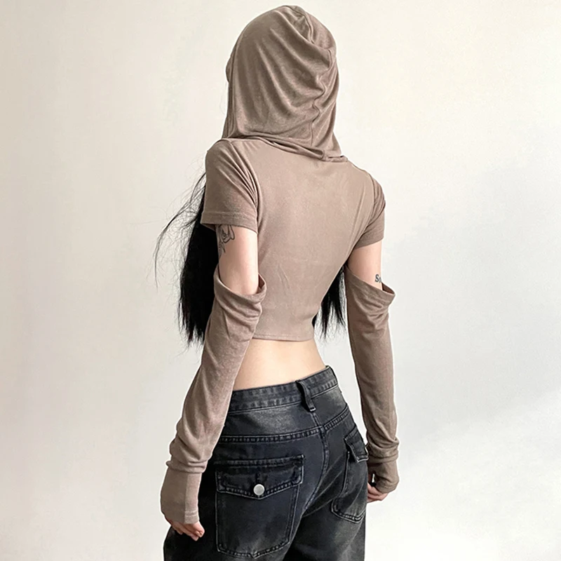 Lamuusaa Hooded Crop Top y2k Goth Clothes Women Solid Color Long Sleeve Tshirt with Thumbhole Wasteland Punk Clothing Streetwear