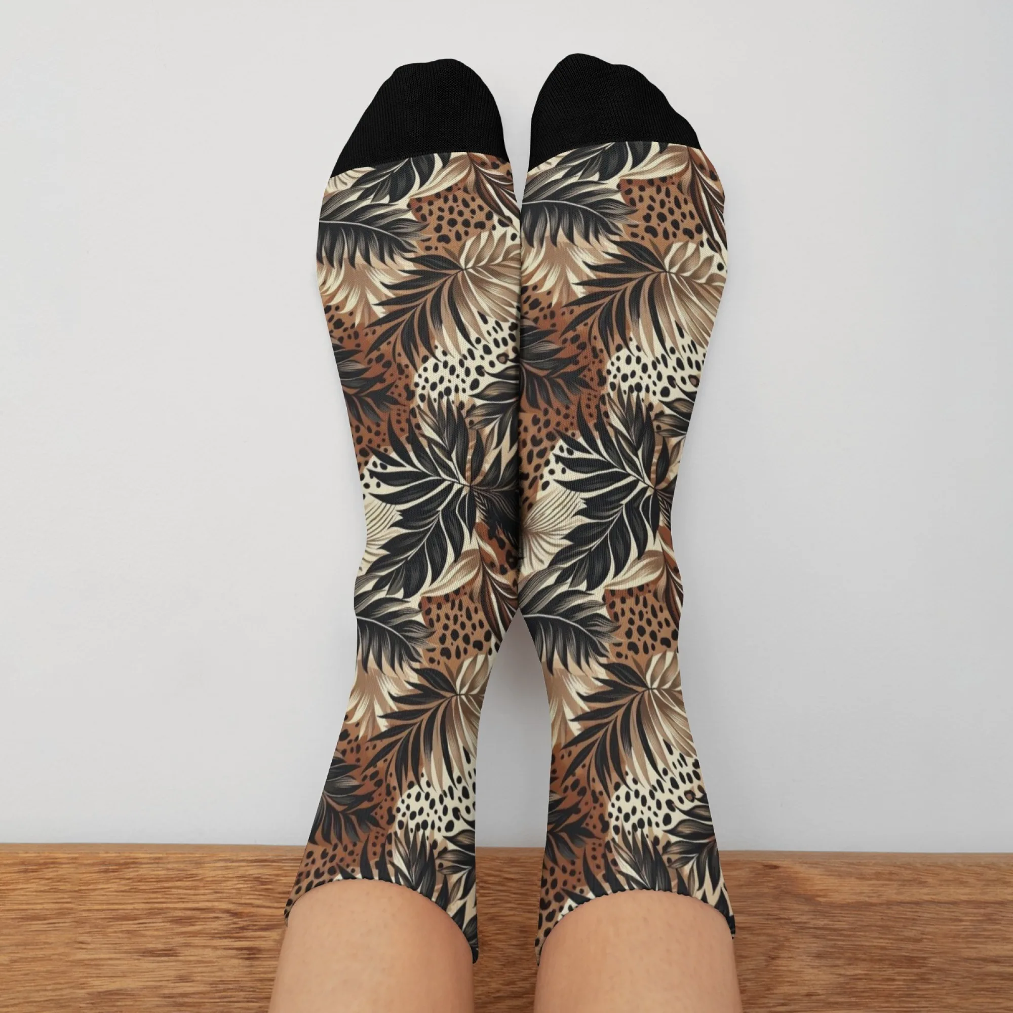 

Женские носки средней длины с леопардовым принтом и тропическими растениями, дышащие и удобные спортивные носки, модные портативные носки для мужчин