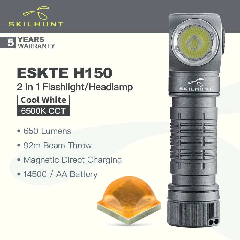 Skilhunt ESKTE H150 (Cool White Version) 2 in 1 Flashlight/Headlamp, 650 Lumens, IPX8 Waterproof, Power by 14500 or AA Battery