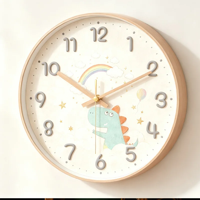 Dinosaur Rainbow Wall Clock for Kids Room Silent Non Ticking Round Wooden Frame Wall Watch Cartoon Cloud Star Art Nursery Bedroom Home Wall Decor Children Gift