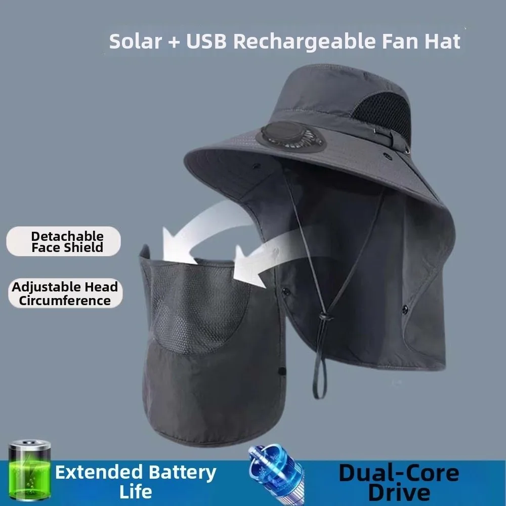 Portable Solar Rechargeable Fan Hat Long-lasting with Shawl Fishing Sun Shading Cap Adjustable 300mA for 3.7V/300mAh