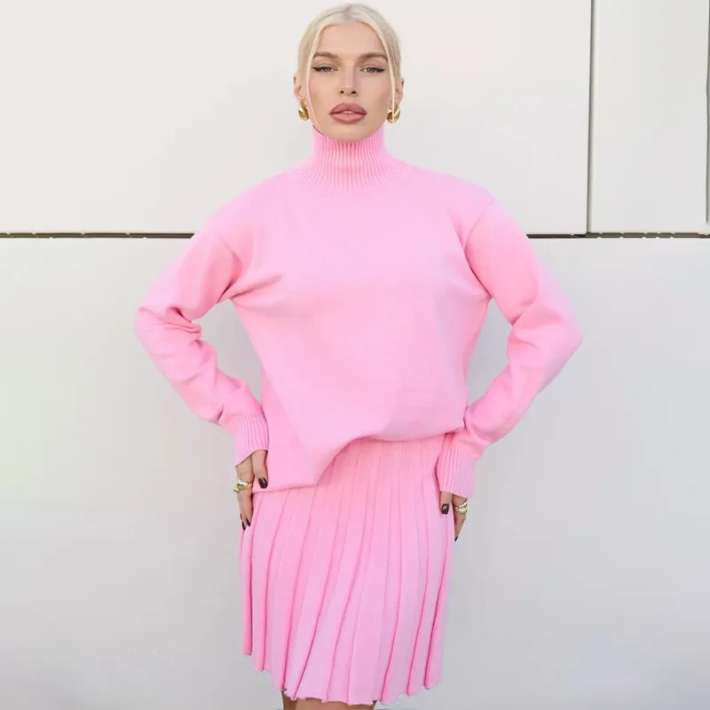 

Tuularose Pink Sweater Dress Sets Casual High Neck Pullover Solid Pleated Skirt Set 2025 Women Autumn Basic Knitted Dress Sets