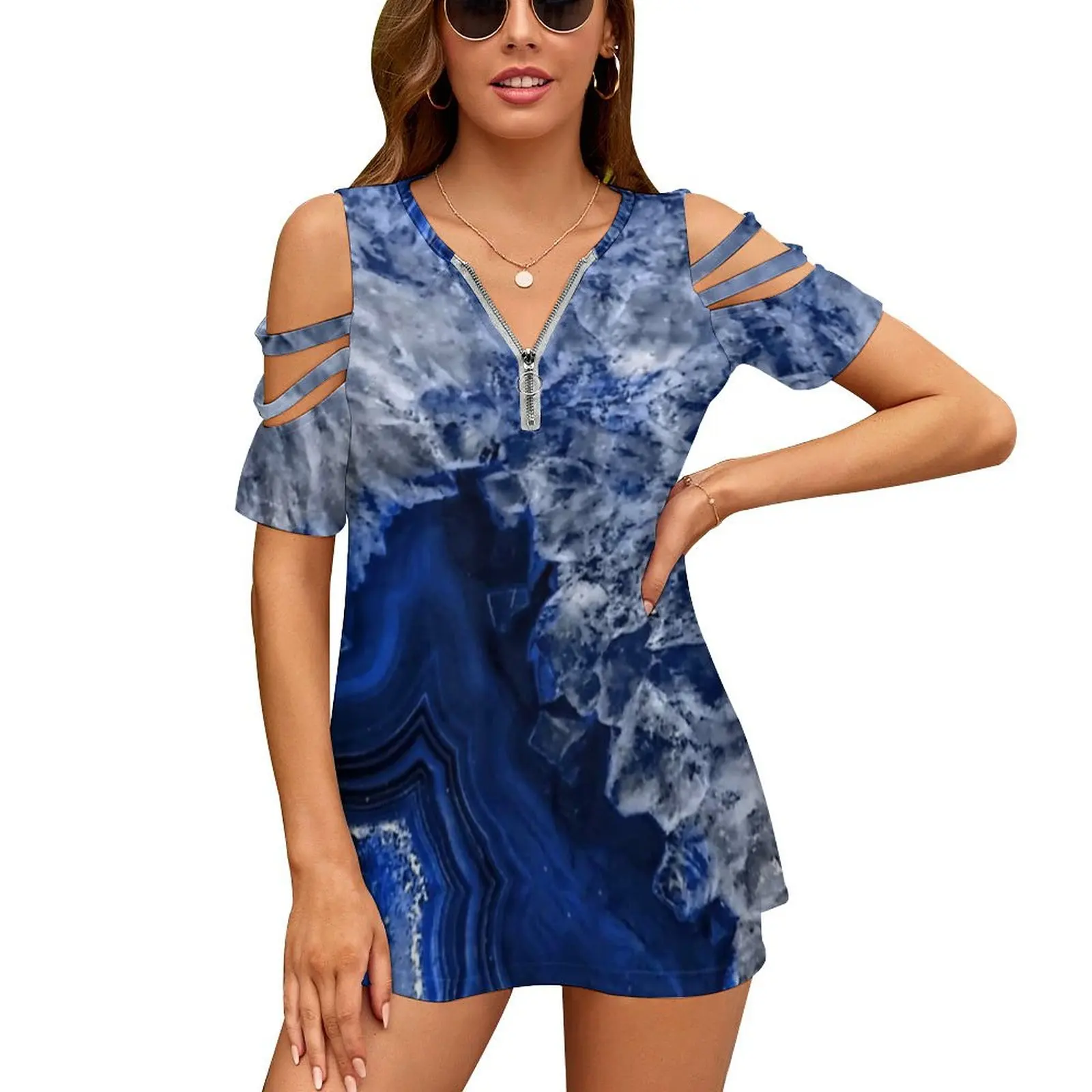 Ocean Blue Faux Agate Mineral Gemstone Women'S T-Shirt New Fashion Printed Zipper V-Neck Short Sleeve T Shirts Casual Plus Size