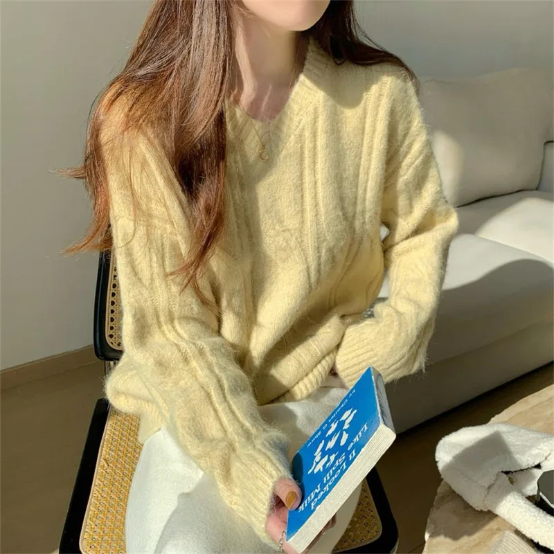 

Женские вязаные свитера с v-образным вырезом, пуловер с длинными рукавами, однотонный джемпер, женский осенне-зимний базовый наряд, зимний корейский шик