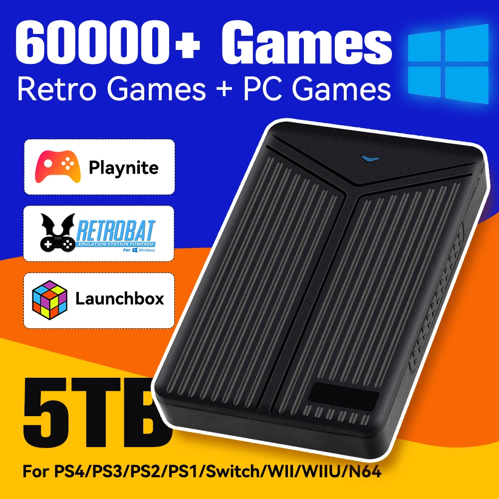 5T HD Gaming HDD Launchbox+Retrobat+Playnite External Game Hard Drive Built-in 60000 Retro/AAA Games For PS4/PS3/Switch/WII/N64