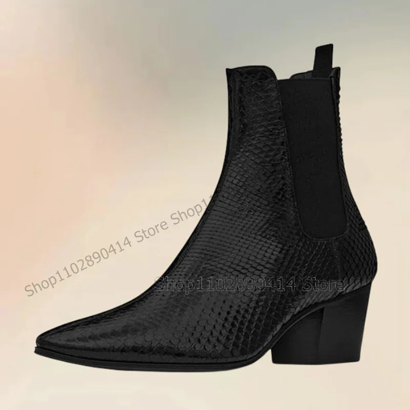 

Black Lychee Print Chunky Heels Pointed Toe Men Boots Fashion Slip On Men Boots Luxurious Handmade Party Banquet Men Dress Shoes