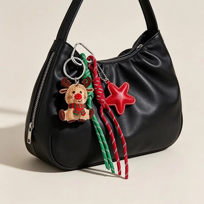 Cartoon-Weave-Weihnachtsanhänger, niedlicher Elch-Weihnachtsmann-Schlüsselanhänger, leichter Taschenanhänger für Damen, Handtaschen-Dekoration – Detail 3