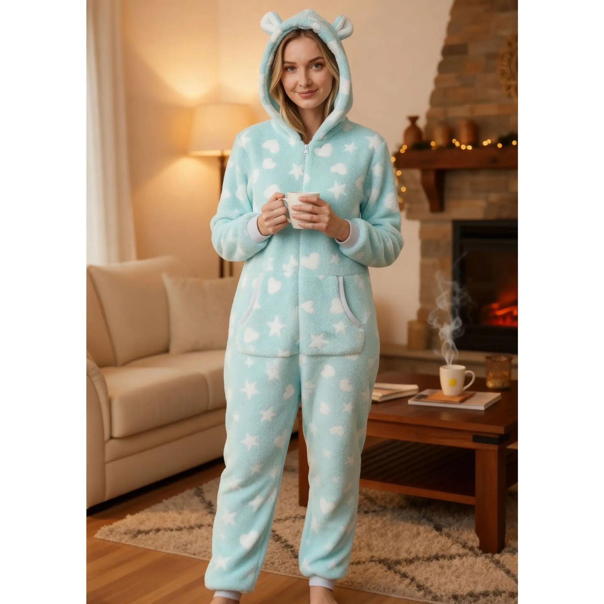 Women's Autumn and Winter Flannel Warm Long Sleeved Pants Jumpsuit Pajamas Plush Thick Hooded Pajamas Home Wear