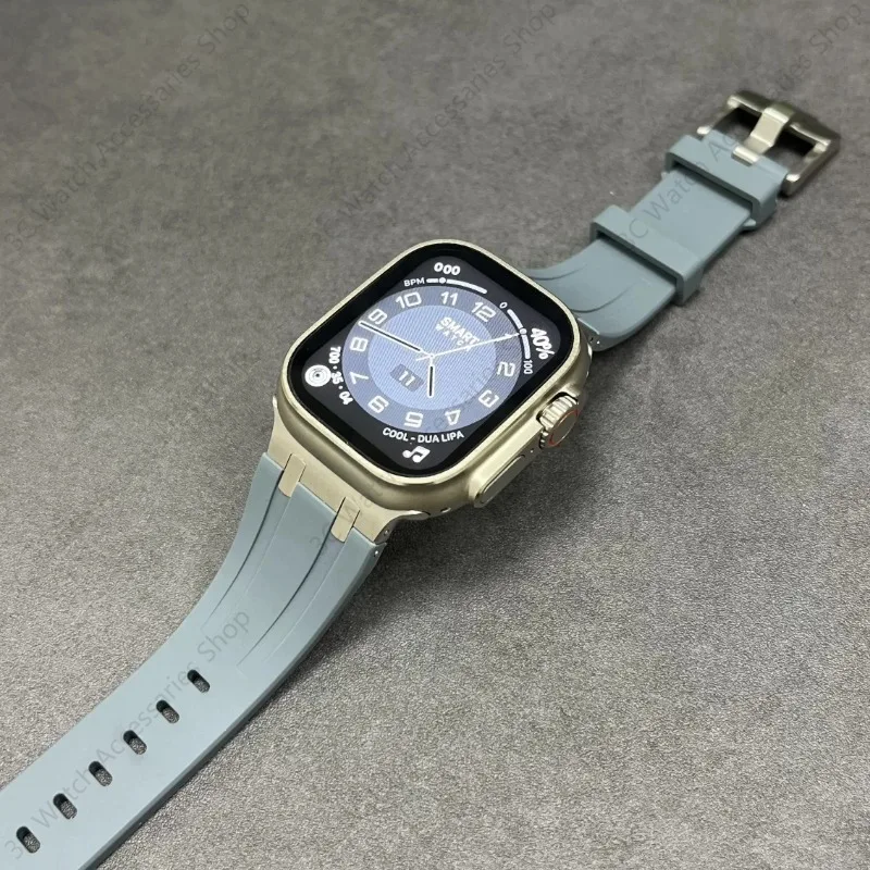 Silikonowy pasek z metalową główką w kolorze tytanu do Apple Watch Ultra 2 49 mm 45/44/42 mm Gumowy pasek do Iwatch Series 9 8 7 6 5 4 Se 3