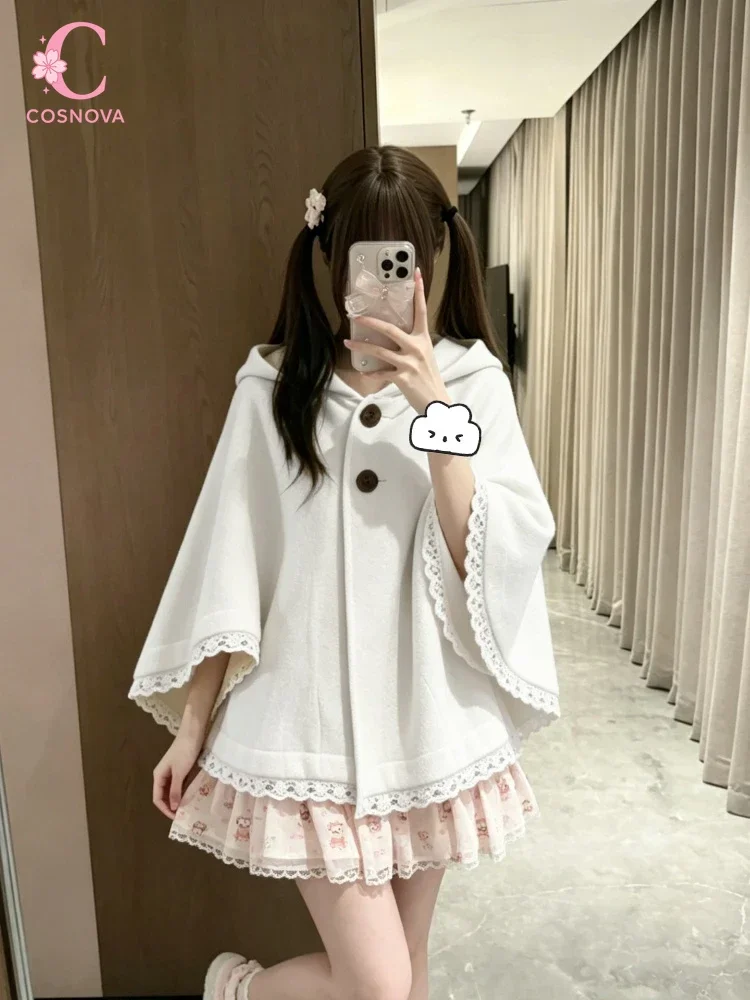 Vintage Elegant Cropped Warm Cape Coat Women Lace Trim Two Button Closure Loose Fit Soft Sweet Princess Casual Daily Outfit
