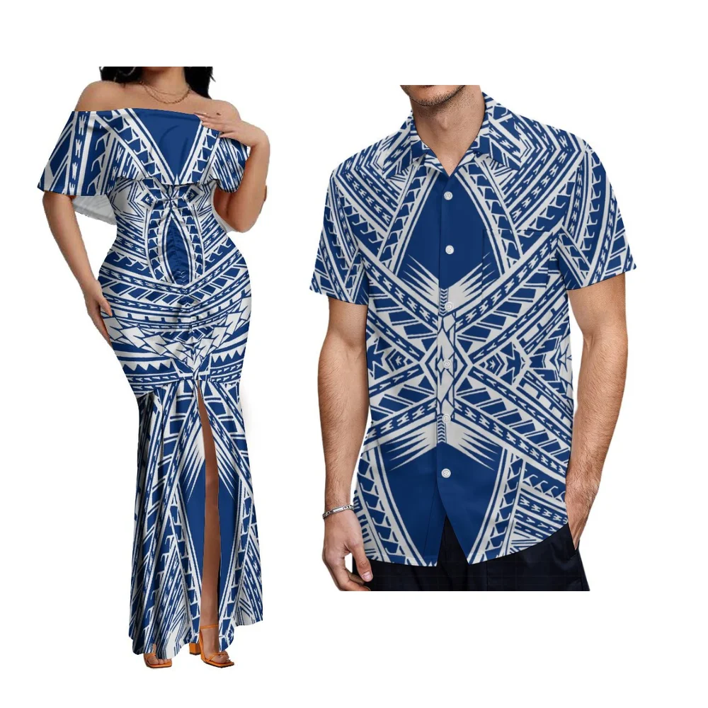 우아한 원숄더 피쉬테일 드레스 (여성용) 폴리네시안 아일랜드 커플 세트 & 남성용 포켓 셔츠 사모아 플로럴 프린트
