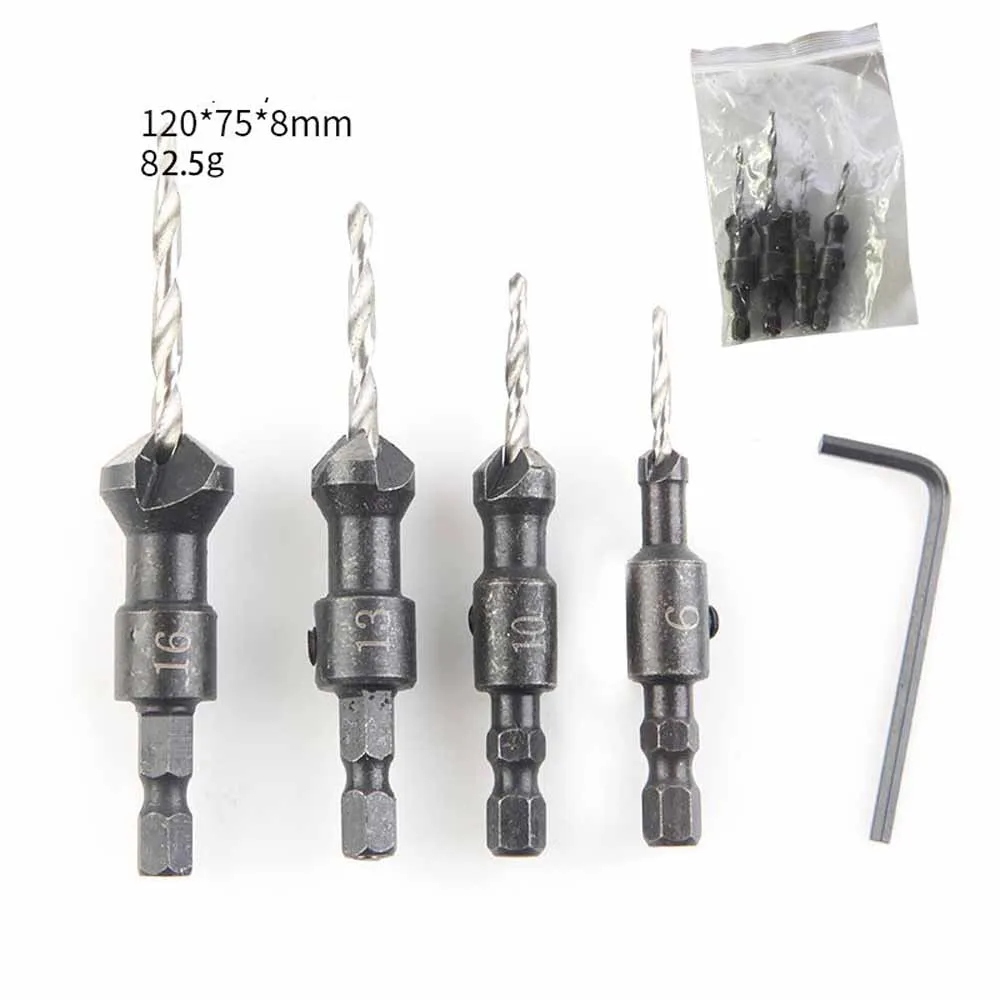 4pc Conical Drill bit, Countersunk Head , Hexagonal Reaming , Hole , Irregular , Woodworking Opener