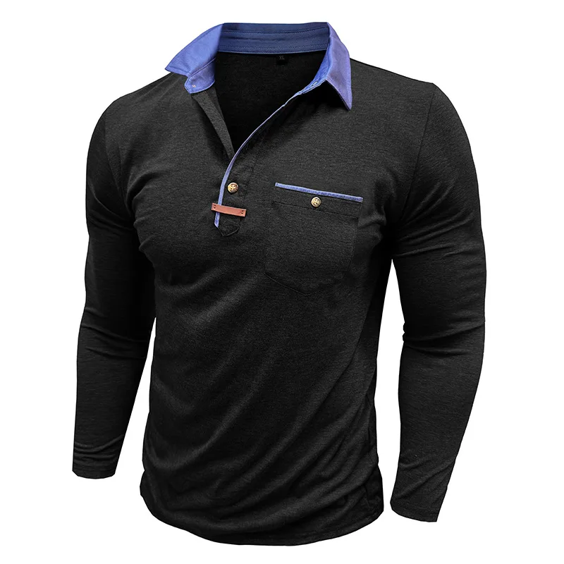 Langarm-Poloshirt für Herren, lässig, schmale Passform, Henley-Kragen, T-Shirt mit Tasche, Smart Blend Tops – Detail 24