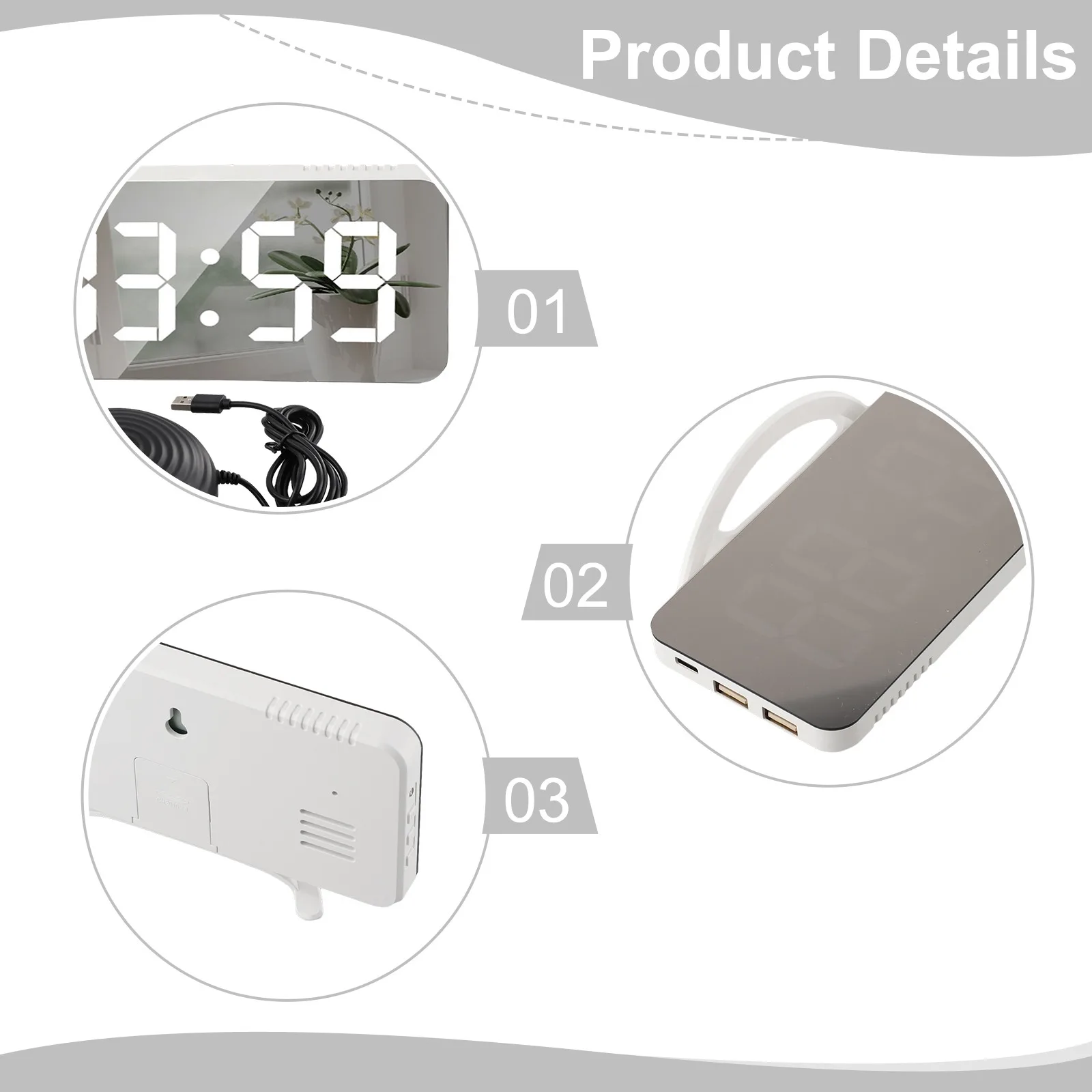 Adjustable Brightness LED Mirror Clock Customizable Brightness Levels Memory Function Powerful Bed Shaker LxWxH 15.8x1.3x7.8cm