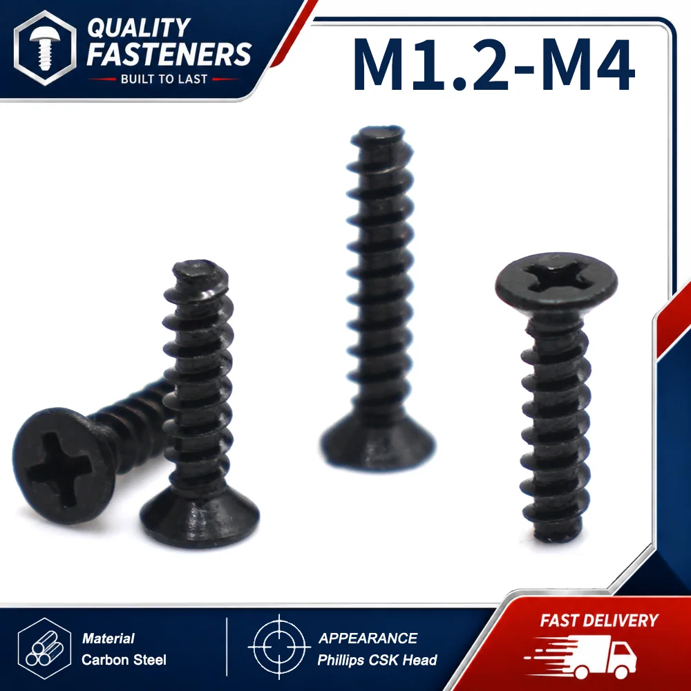 50-500pcs Black Carbon Steel M1 M1.2 M2 M2.3 M2.6 M3 M4 Mini Screw Phillips Cross Recessed Countersunk Head Self-tapping Screw