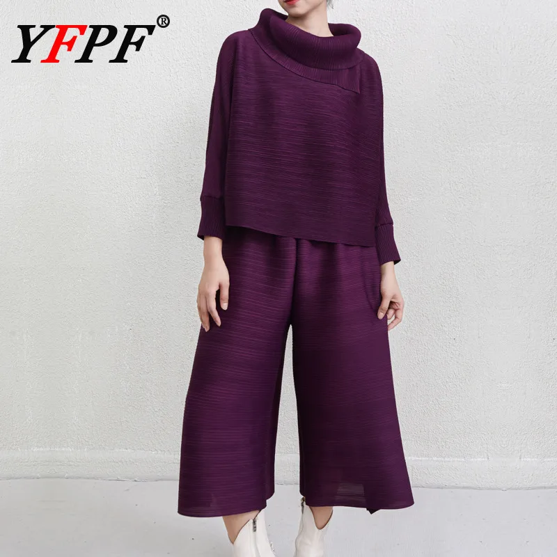 

YFPF Miyake плиссированный женский комплект из двух предметов, однотонный повседневный топ с шарфом и воротником + широкие брюки, модная новая одежда 2025 года